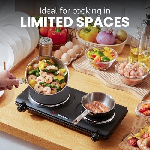        Elite Gourmet EDB-302BF# Countertop Double Cast Iron Burner, 1500 Watts Electric Hot Plate, Temperature Controls, Power Indicator Lights, Easy to Clean, Black       