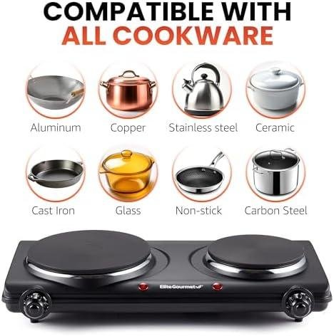         Elite Gourmet EDB-302BF# Countertop Double Cast Iron Burner, 1500 Watts Electric Hot Plate, Temperature Controls, Power Indicator Lights, Easy to Clean, Black       