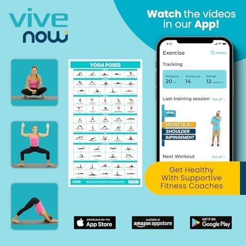         Vive Yoga Poster - Poses for Beginners and Experts - Mat Exercise Home Gym Workout Accessories Set- Double Sided Laminated Flow Chart Accessory - Instructional Guided Routine - for Women, Men       