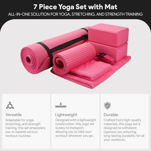         BalanceFrom 7-Piece Set - Include Yoga Mat with Carrying Strap, 2 Yoga Blocks, Yoga Mat Towel, Yoga Hand Towel, Yoga Strap and Yoga Knee Pad, Multiple Colors       