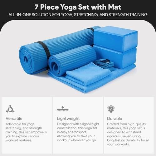         BalanceFrom 7-Piece Set - Include Yoga Mat with Carrying Strap, 2 Yoga Blocks, Yoga Mat Towel, Yoga Hand Towel, Yoga Strap and Yoga Knee Pad, Multiple Colors       