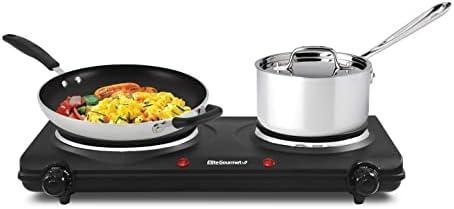         Elite Gourmet EDB-302BF Countertop Double Cast Iron Burner, 1500 Watts Electric Hot Plate, Temperature Controls, Power Indicator Lights, Easy to Clean, Black       