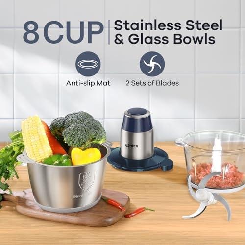        GANIZA Food Processors, Electric Chopper with Meat Grinder & Veggie Chopper - 2 Bowls with Powerful Copper Motor - Includes 2 Sets of Bi-Level Blades for Baby Food/Meat (Blue, 8 Cup8 Cup)       