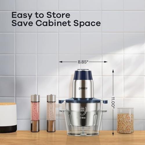         GANIZA Food Processors, Electric Chopper with Meat Grinder & Veggie Chopper - 2 Bowls with Powerful Copper Motor - Includes 2 Sets of Bi-Level Blades for Baby Food/Meat (Blue, 8 Cup8 Cup)       