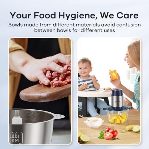         GANIZA Food Processors, Electric Chopper with Meat Grinder & Veggie Chopper - 2 Bowls with Powerful Copper Motor - Includes 2 Sets of Bi-Level Blades for Baby Food/Meat (Blue, 8 Cup8 Cup)       