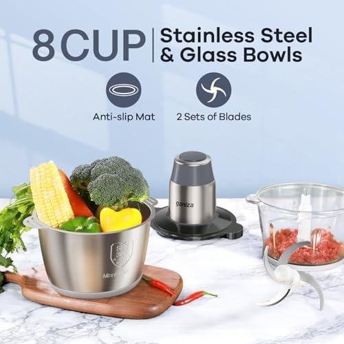         GANIZA Food Processors, Electric Chopper with Meat Grinder & Veggie Chopper - 2 Bowls with Powerful Copper Motor - Includes 2 Sets of Bi-Level Blades for Baby Food/Meat (Grey, 8 Cup8 Cup)       