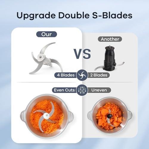         GANIZA Food Processors, Electric Chopper with Meat Grinder & Veggie Chopper - 2 Bowls with Powerful Copper Motor - Includes 2 Sets of Bi-Level Blades for Baby Food/Meat (Grey, 8 Cup8 Cup)       