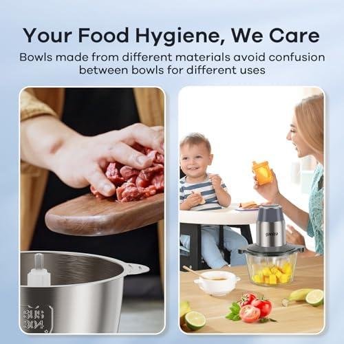         GANIZA Food Processors, Electric Chopper with Meat Grinder & Veggie Chopper - 2 Bowls with Powerful Copper Motor - Includes 2 Sets of Bi-Level Blades for Baby Food/Meat (Grey, 8 Cup8 Cup)       