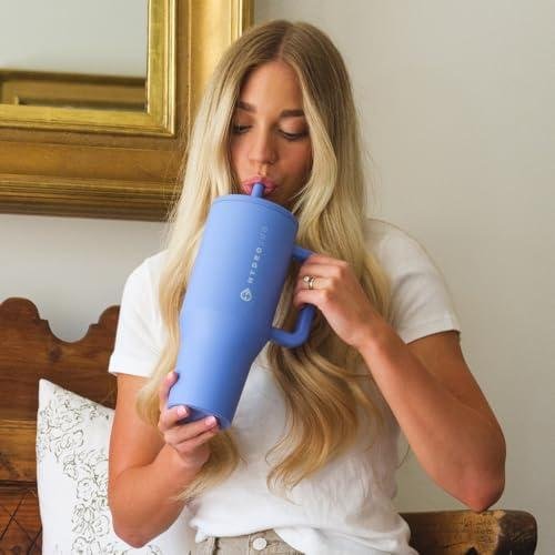 HydroJug Traveler - 40 oz Water Bottle with Handle & Flip Straw - Fits in Cup Holder, Leak Resistant Tumbler-Reusable Insulated Stainless Steel & Rubber Base - Gifts for Women & Men, Light Blue HydroJug Traveler - 40 oz Water Bottle with Handle & Flip Straw - Fits in Cup Holder, Leak Resistant Tumbler-Reusable Insulated Stainless Steel & Rubber Base - Gifts for Women & Men, Light Blue