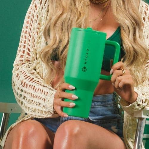         HydroJug Traveler - 40 oz Water Bottle with Handle & Flip Straw - Fits in Cup Holder, Leak Resistant Tumbler-Reusable Insulated Stainless Steel & Rubber Base - Gifts for Women & Men, Clover       