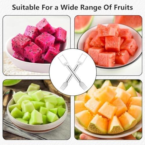         2-in-1 Stainless Steel Fruit Cutter, Watermelon Fork Slicer Tool, Watermelon Slicer and Fork, Dual Head Knife with Round Handle for Kitchen Fruit Cubes (1Pcs)       