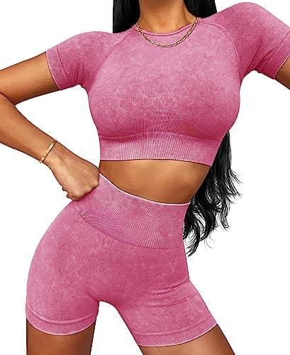         OLCHEE Womens Workout Sets 2 Piece - Seamless Acid Wash Yoga Outfits Shorts and Crop Top Matching Gym Athletic Clothing Set       