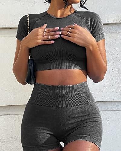         OLCHEE Womens Workout Sets 2 Piece - Seamless Acid Wash Yoga Outfits Shorts and Crop Top Matching Gym Athletic Clothing Set       