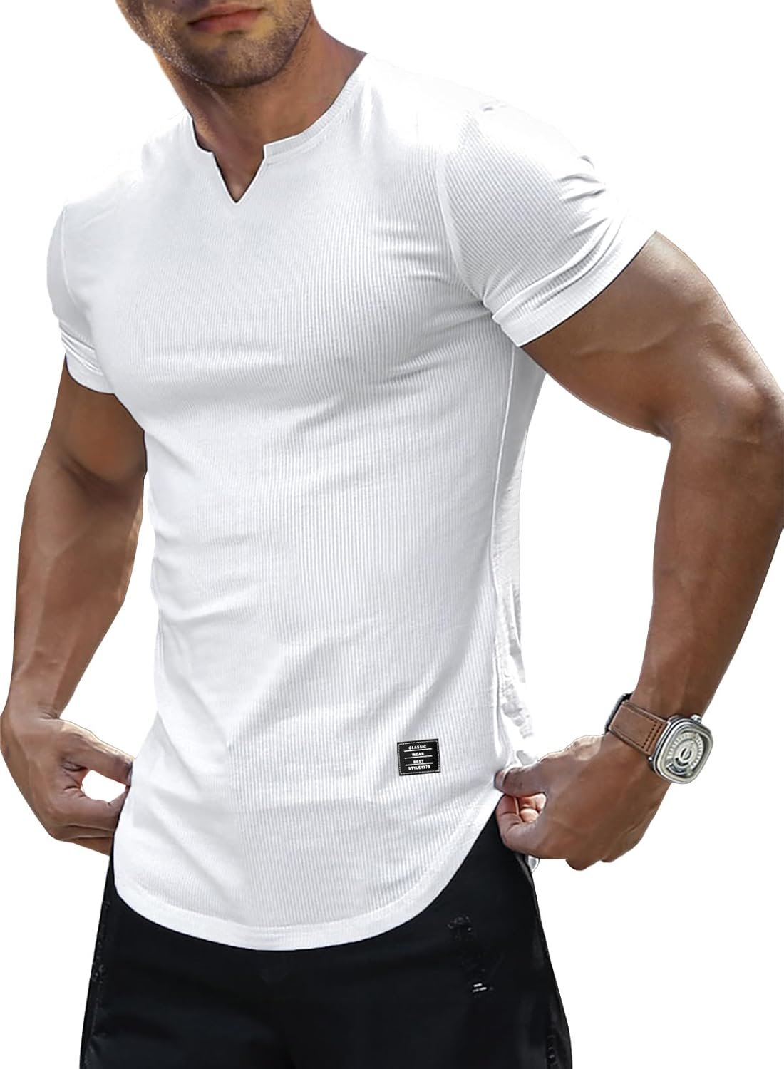 JMIERR Mens Muscle Slim T Shirt Texture V Neck Longline Henley Gym Workout Athletic Tee Shirts