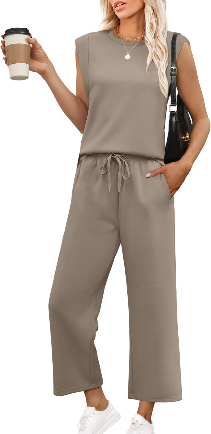 OFEEFAN Lounge Sets for Women 2 Piece Matching Sets Spring Summer Outfits Casual Cap Sleeve Crewneck Wide Leg Pants