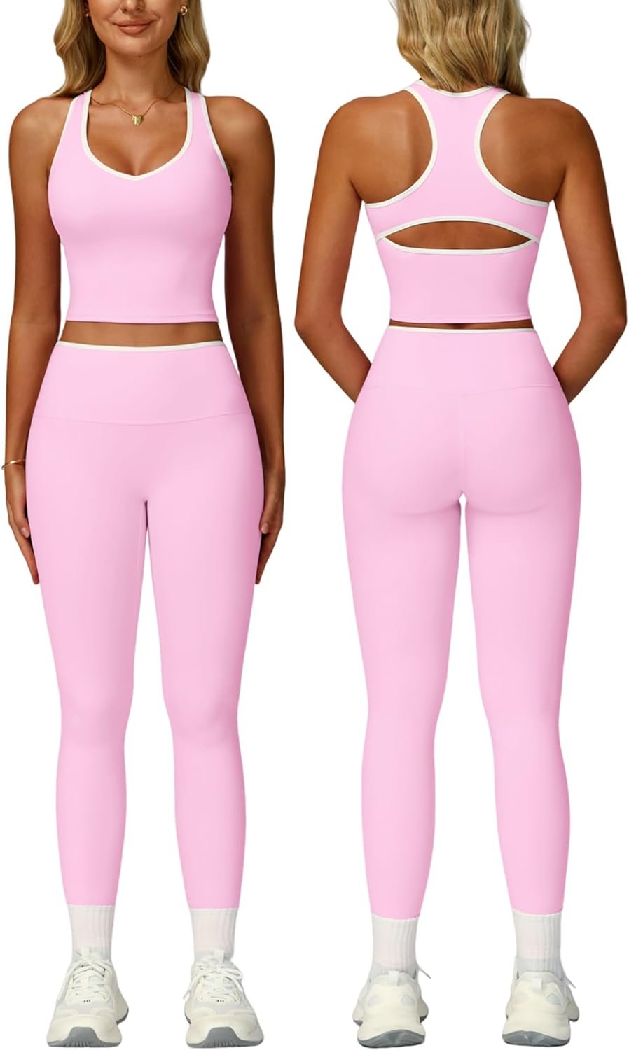Women 2 Piece Workout Sets Racerback Color Block Tank Tops High Waist Tummy Control Active Leggings Yoga Outfits