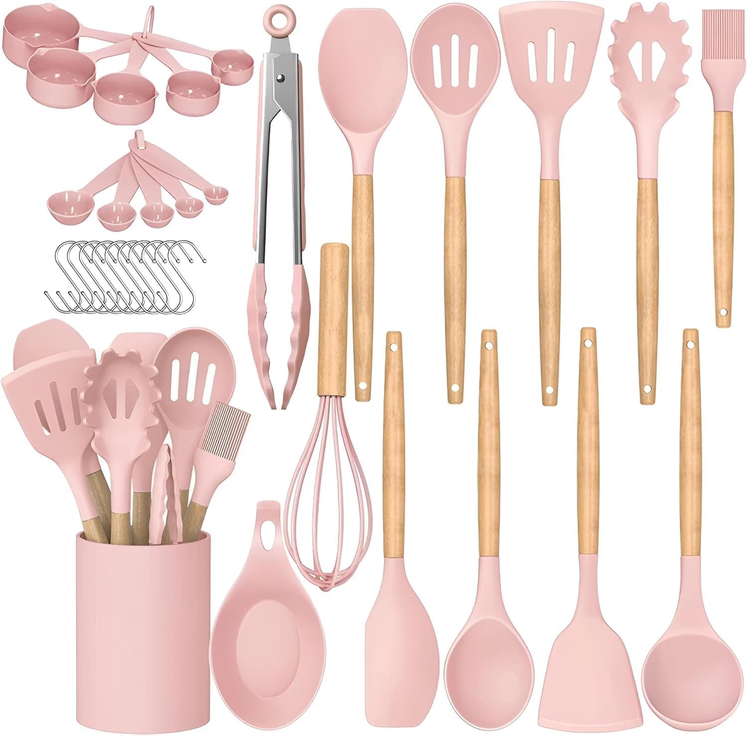 Premium Silicone Kitchen Cooking Utensils Set, 33pcs – 446°F Heat Resistant, Non-stick, BPA-Free, Wooden Handles, Spatula, Turner, Tongs, Spoon, Brush, Whisk – Essential Cooking Gadgets (Pink)