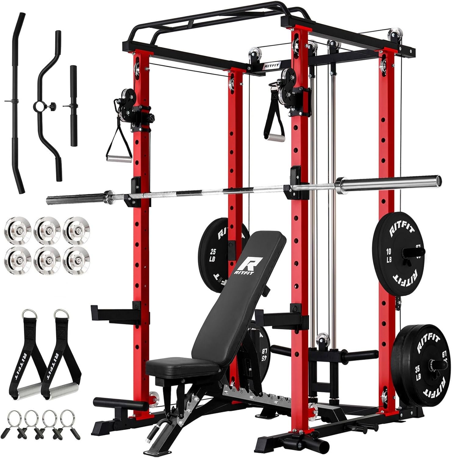 RitFit Multi-Function Squat Rack Power Cage PPC03 with Cable Crossover System, 1000LBS Capacity Power Rack and Packages with Optional Weight Bench, Barbell Weight Set, for Garage Workout & Home Gym