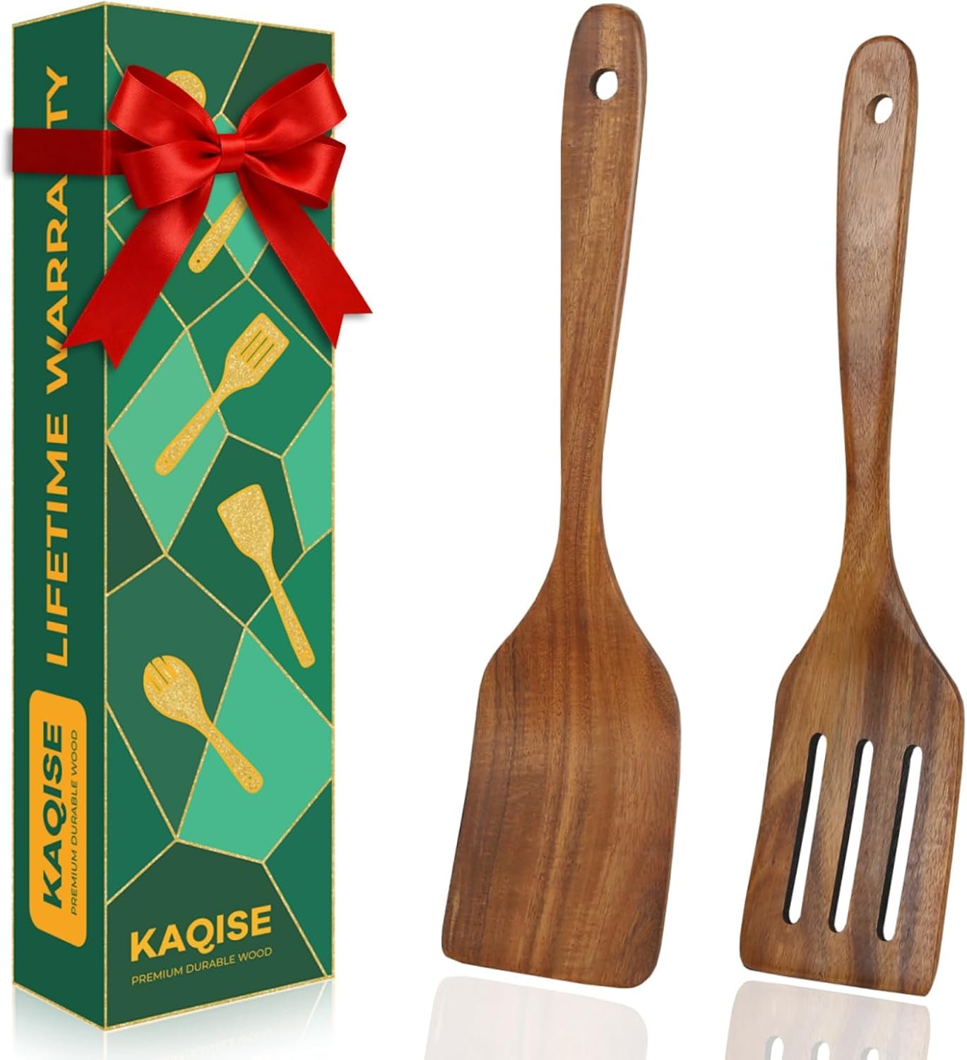 Wooden Spatulas for Cooking, Teak Wood Kitchen Utensils Set, Natural Cooking Utensils Set, Flat Wooden Spatulas and Slotted Spatula Set (2Pcs)