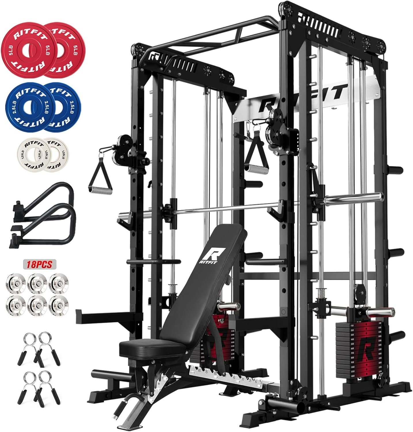 RitFit M1 Pro Smith Machine Package, All-in-One Power Cage with Weight Stack Set, Includes LAT Pulldown & Cable Crossover System for Home Gyme