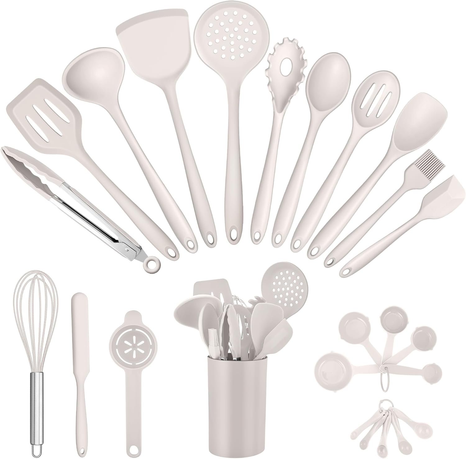 E-far Silicone Cooking Utensils Set, 25 Piece Kitchen Utensils with Holder, Non Toxic Kitchen Tools Spatula, Turner, Spoon, Ladle, Heat Resistant & Dishwasher Safe - Khaki