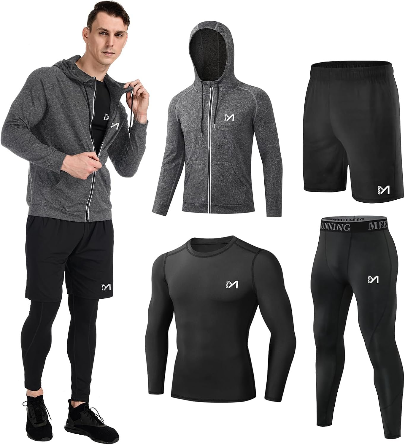 Mens 5pcs Men's Compression Sets Pants Long Sleeve Shirt Athletic Shorts Running Jacket