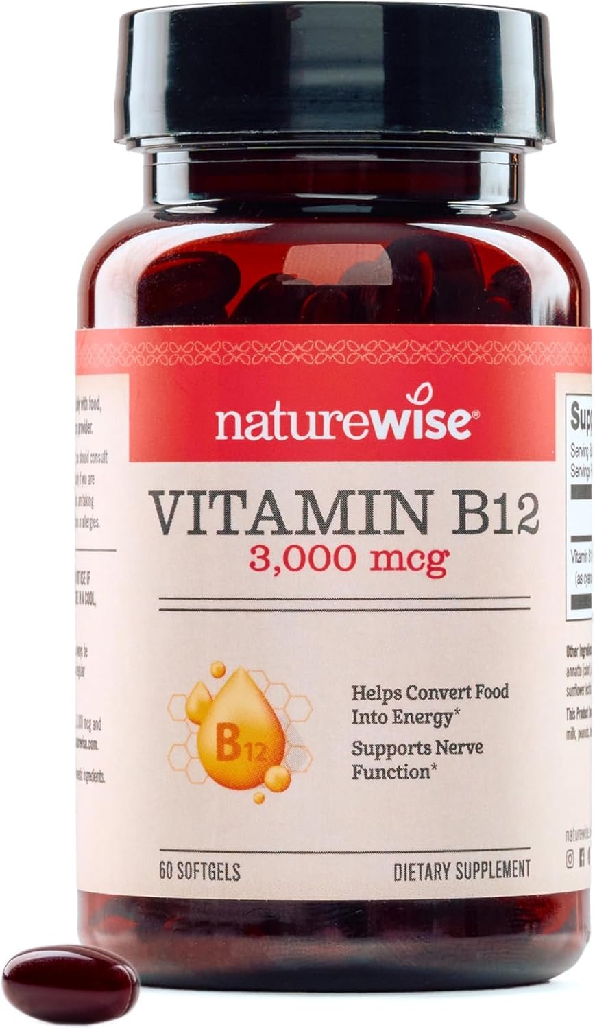 NatureWise Vitamin B12 3000 mcg - Extra Strength - Supplement for Supporting Energy Levels, Mental Clarity, Nervous System Health - Easy-to-Swallow, Soy and Gluten-Free, Non-GMO - 60 Softgels