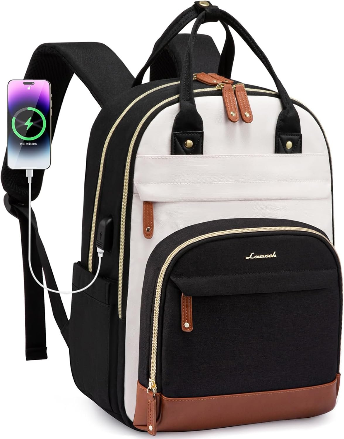 LOVEVOOK Backpack for Women, Fits 15.6 Inch Laptop Bag, School Backpacks, Fashion Travel Work Anti-theft Bag, Business Computer Waterproof College Backpack Purse, Beige-Black-Brown