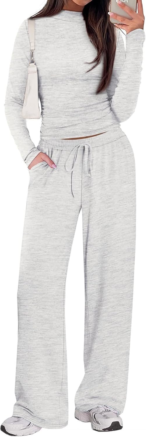 Sampeel Two Piece Lounge Set for Women 2 Piece Fall Outfits 2025 Mock Neck Ruched Tops Wide Leg Pants Travel Airport