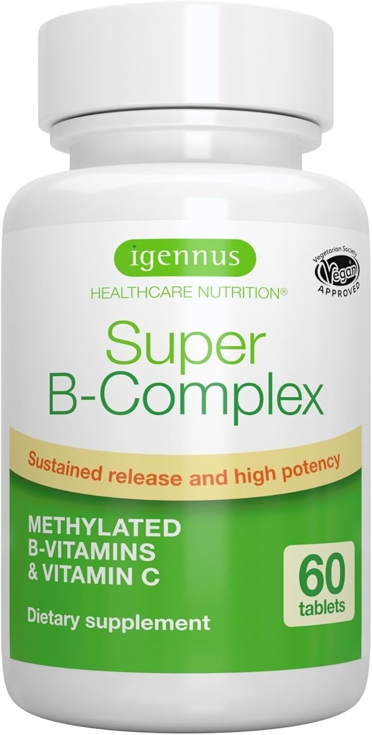 Igennus Super B-Complex Methylated B Vitamins, All Day Nutrient Delivery, Clean Label, MTHFR Supplement with Methylfolate & B12 Methylcobalamin, Vegan, Lab Verified, 60 Small Tablets