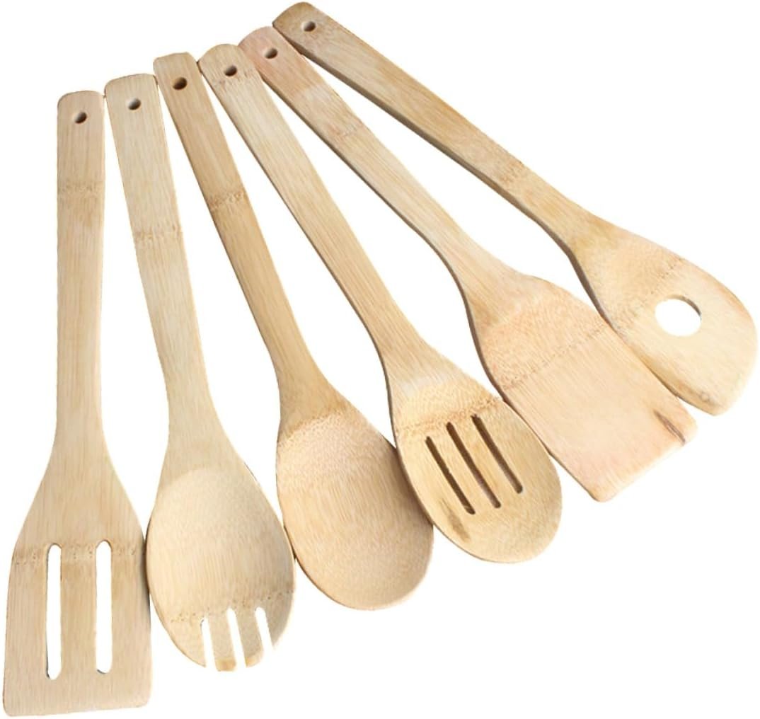 6 Pcs Kitchen Tools Utensils Natural Wooden Spatulas Spoons Turners with Hanging Heat Resistant Cooking Utensil Set for Healthy Non-stick Pan Use