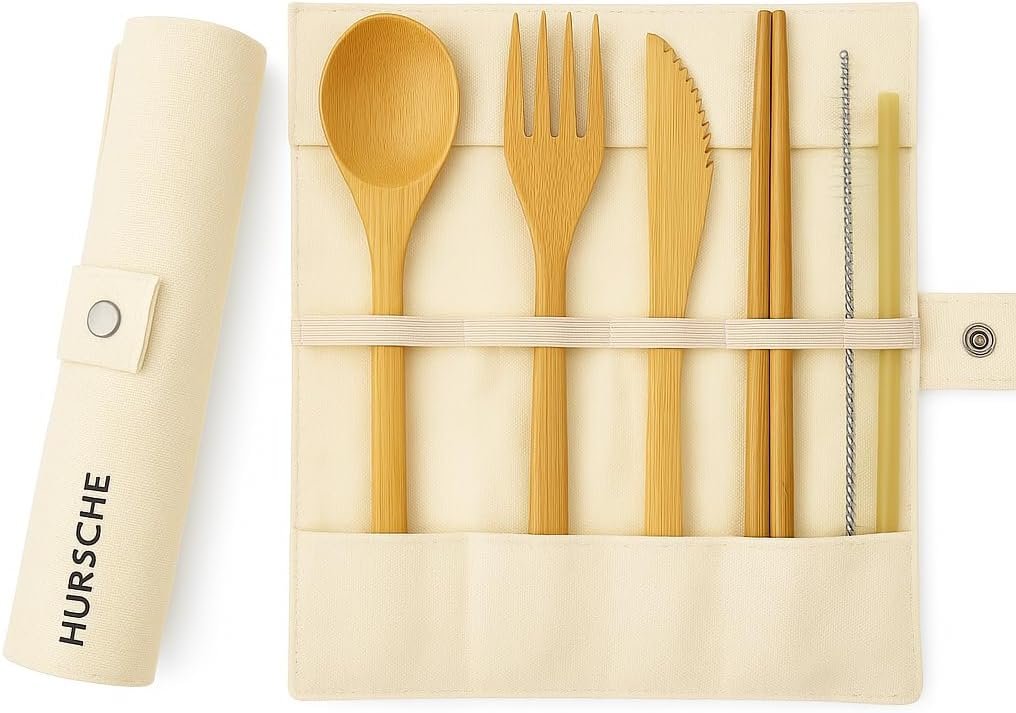 Bamboo Utensil Set Reusable Travel Cutlery – Eco Friendly Portable Flatware Kit with Wooden Fork, Spoon, Knife, Chopsticks & Straw – Zero Waste Lunch Box Accessories for Work, Camping, Picnic