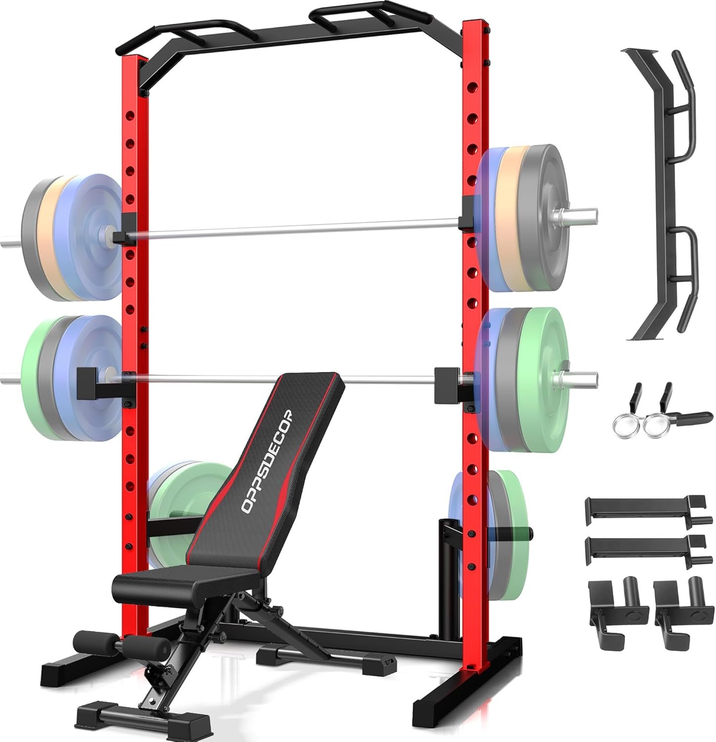 OPPSDECOR Squat Rack, Multi-Function Power Cage Rack with Adjustable Weight Bench, Squat Rack with Pull-up Bar, J-Hooks, More Training Attachment for Home Gym