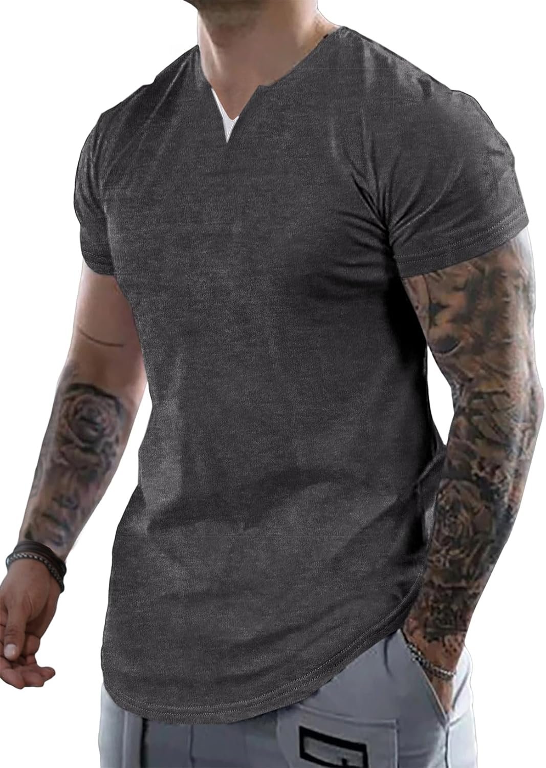 JMIERR Mens Muscle Slim T Shirts Summer V Neck Gym Shirt Casual Cotton Workout Athletic Longline Tees
