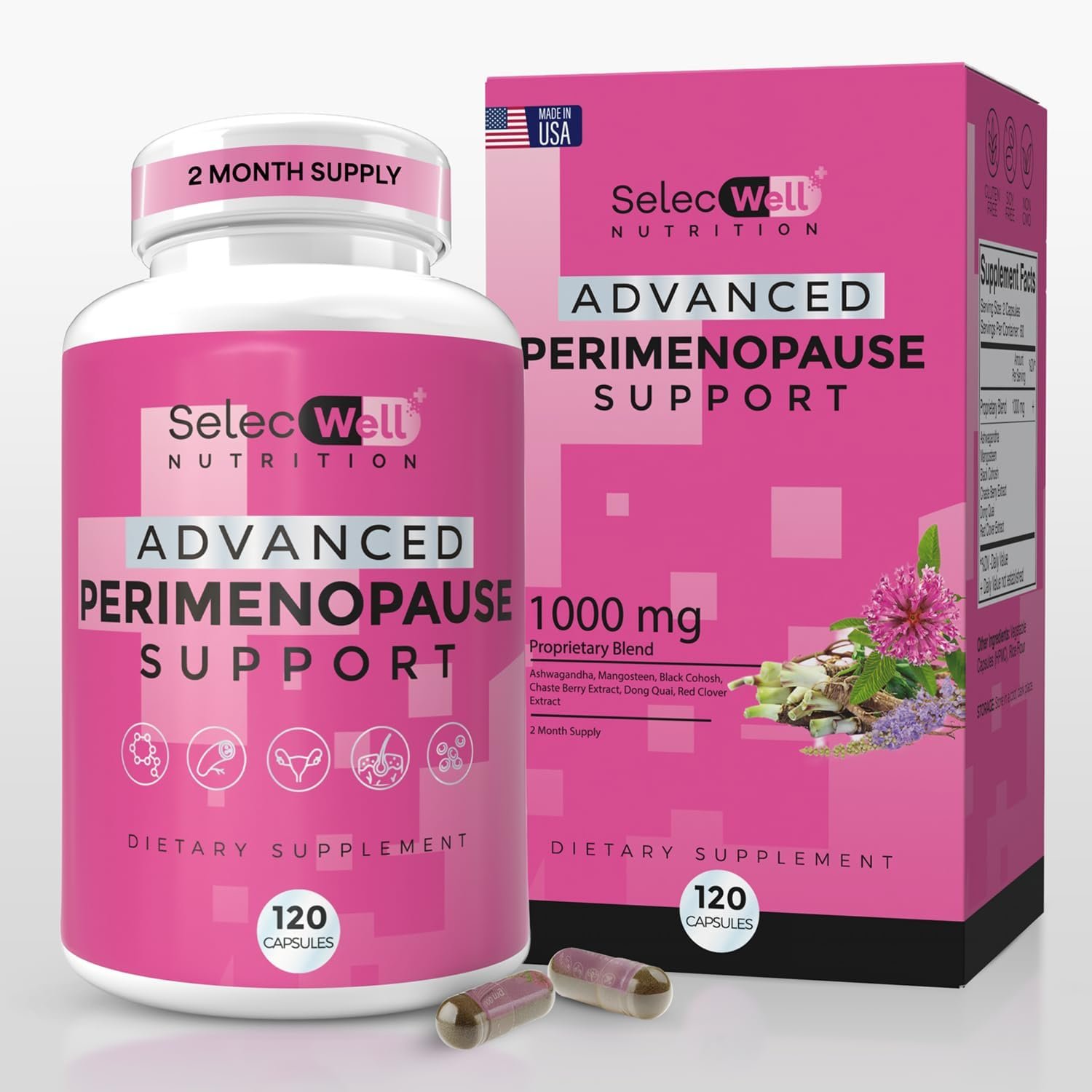 Perimenopause & Menopause Support Supplement for Women – Multi‑Symptom Relief with Black Cohosh & Red Clover Isoflavones | Ashwagandha Adaptogen & Herbal Blend | Hormone Balance Support | 120 Capsules