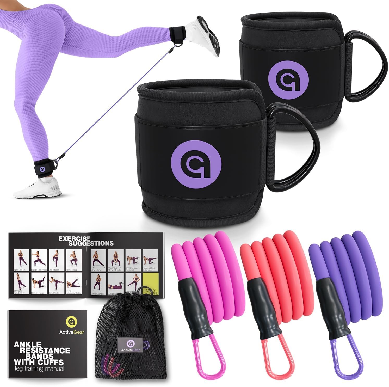 ActiveGear Ankle Resistance Bands with Cuffs - Ideal for Glutes, Legs & Core Workouts, Kickback Ankle Strap Set for Home Workout Equipment & Gym Fitness for Women and Men