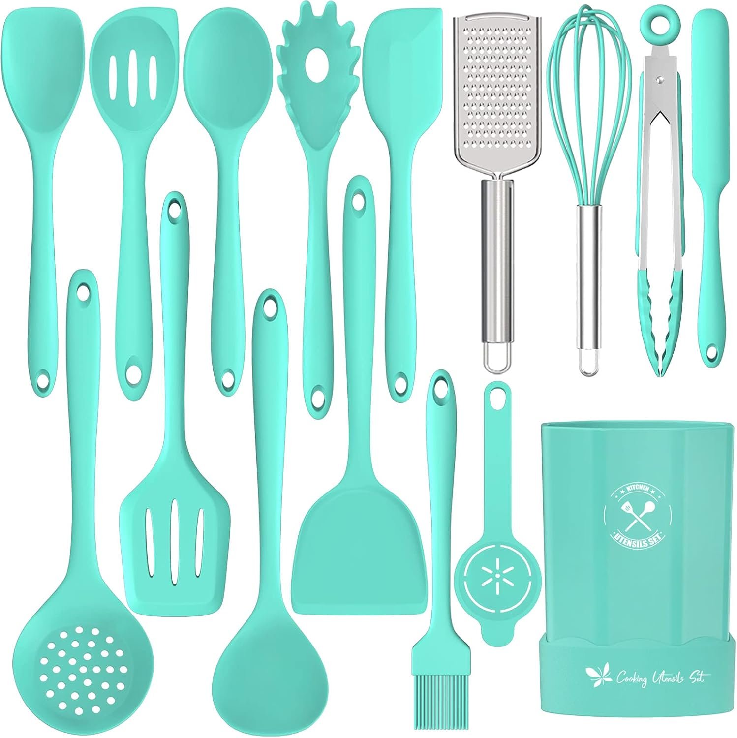 Silicone Kitchen Utensils Set, 16-Piece Silicone Cooking Utensils by Deedro, Heat Resistant Kitchen Tools Set with Holder, Nonstick Spatula Kitchen Gadgets for Cooking & Baking, Green