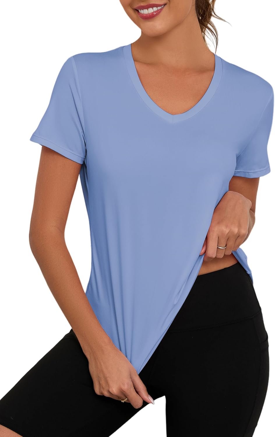 KevaMolly Workout Tops for Women V Neck UPF50+ Breathable Loose Fit Yoga T Shirts Short Sleeve Running Gym Athletic Tee Top