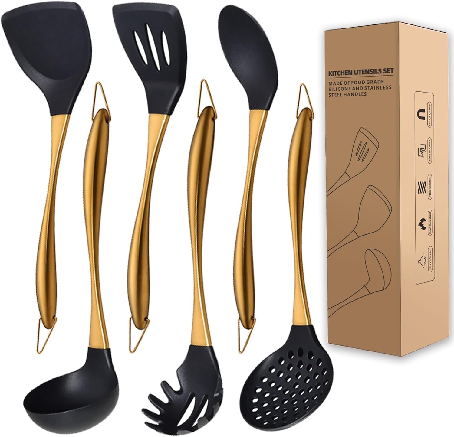 Kitchen Utensils Set, Large Non-stick Silicone Cooking Utensils Set 6 Pcs,Made of 446°F Heat Resistant Food Grade Silicone and Stainless Steel Handles,Easy to Clean Kitchen Gadgets Set (Gold)