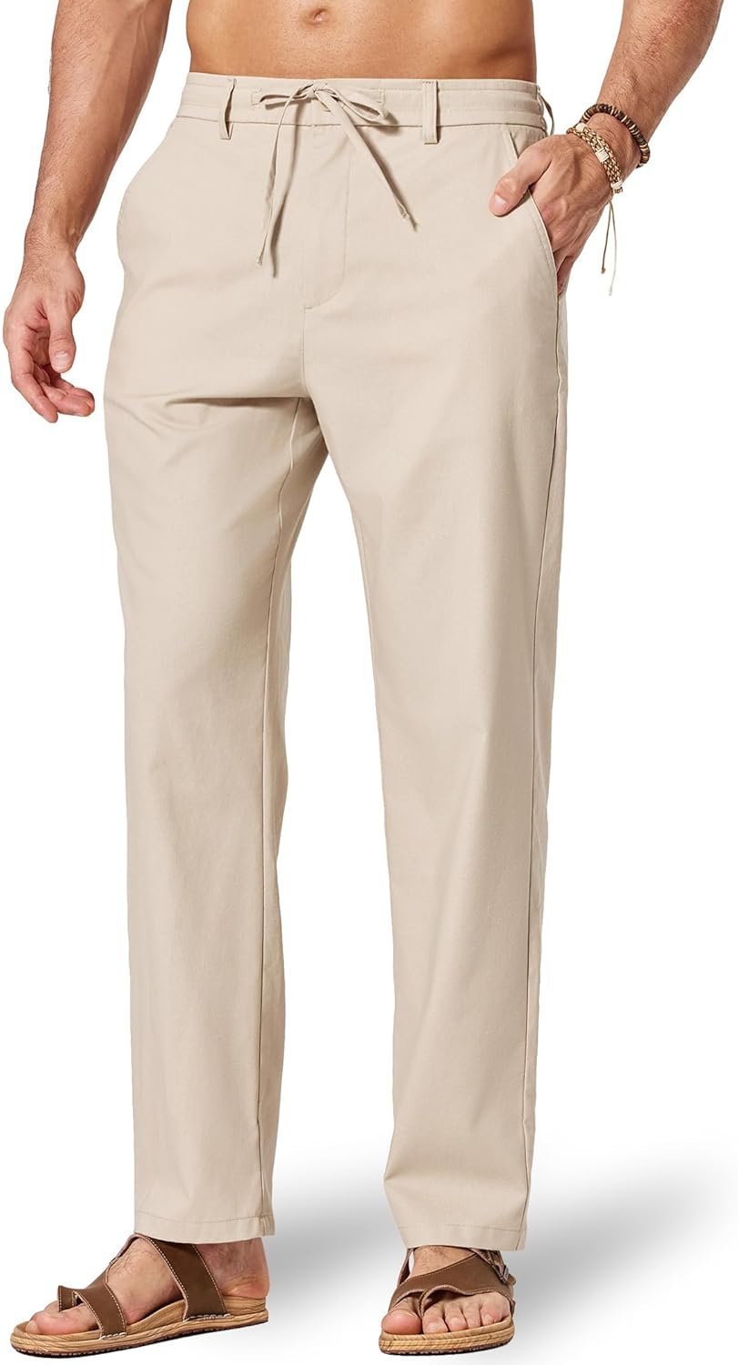 COOFANDY Men's Cotton Linen Pants Casual Drawstring Dress Pants Beach Summer Lightweight Trousers
