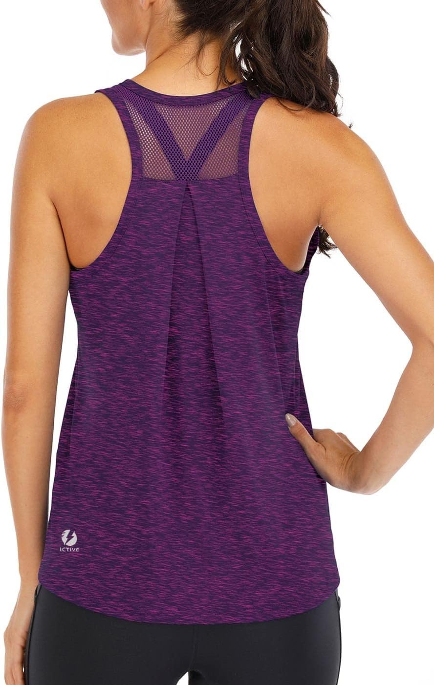 ICTIVE Workout Tops for Women Loose Fit Racerback Mesh Backless Muscle Tank Running Shirts