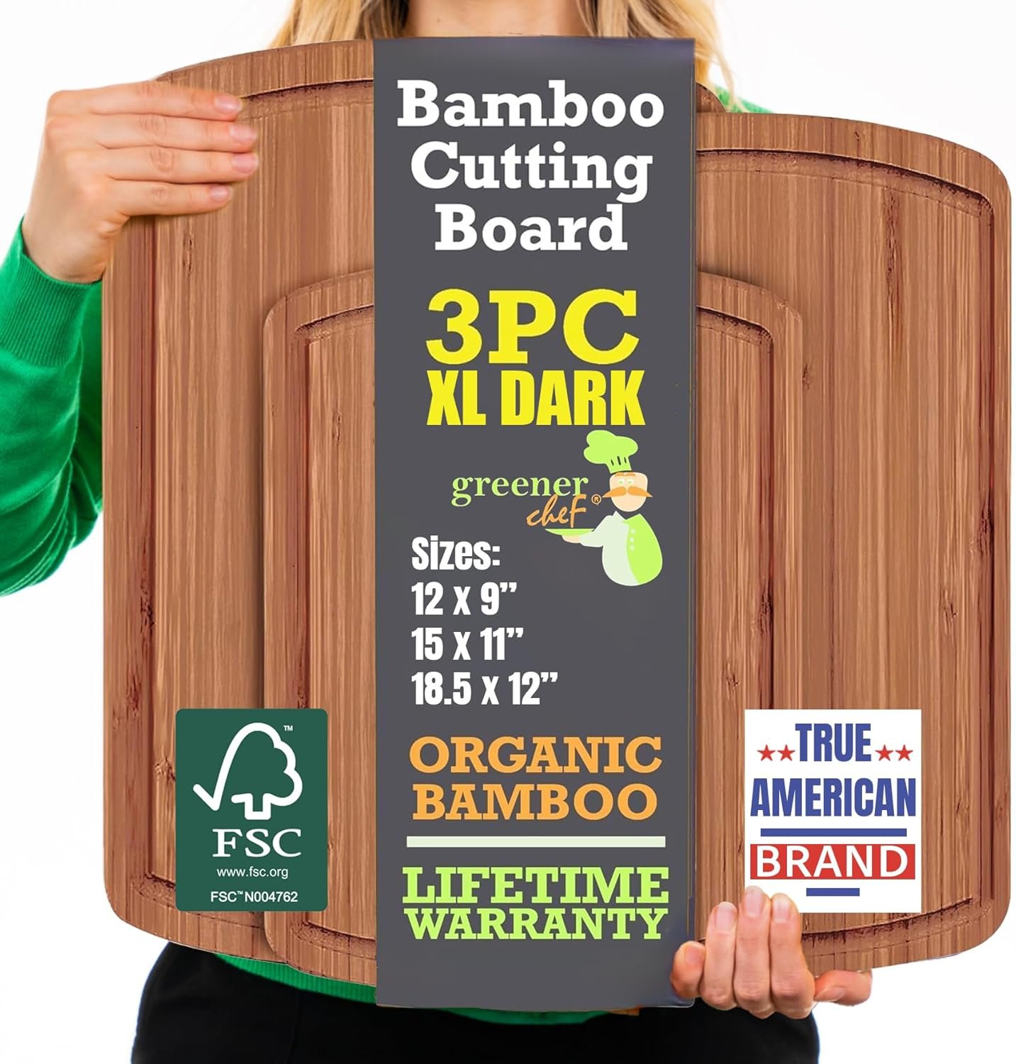 Organic Wooden Cutting Boards for Kitchen with Lifetime Replacements - 3pc Set Non Toxic Bamboo Chopping Board for Charcuterie, Meat, Vegetables and Fruits - Ideal Kitchen Gifts for Home Chefs