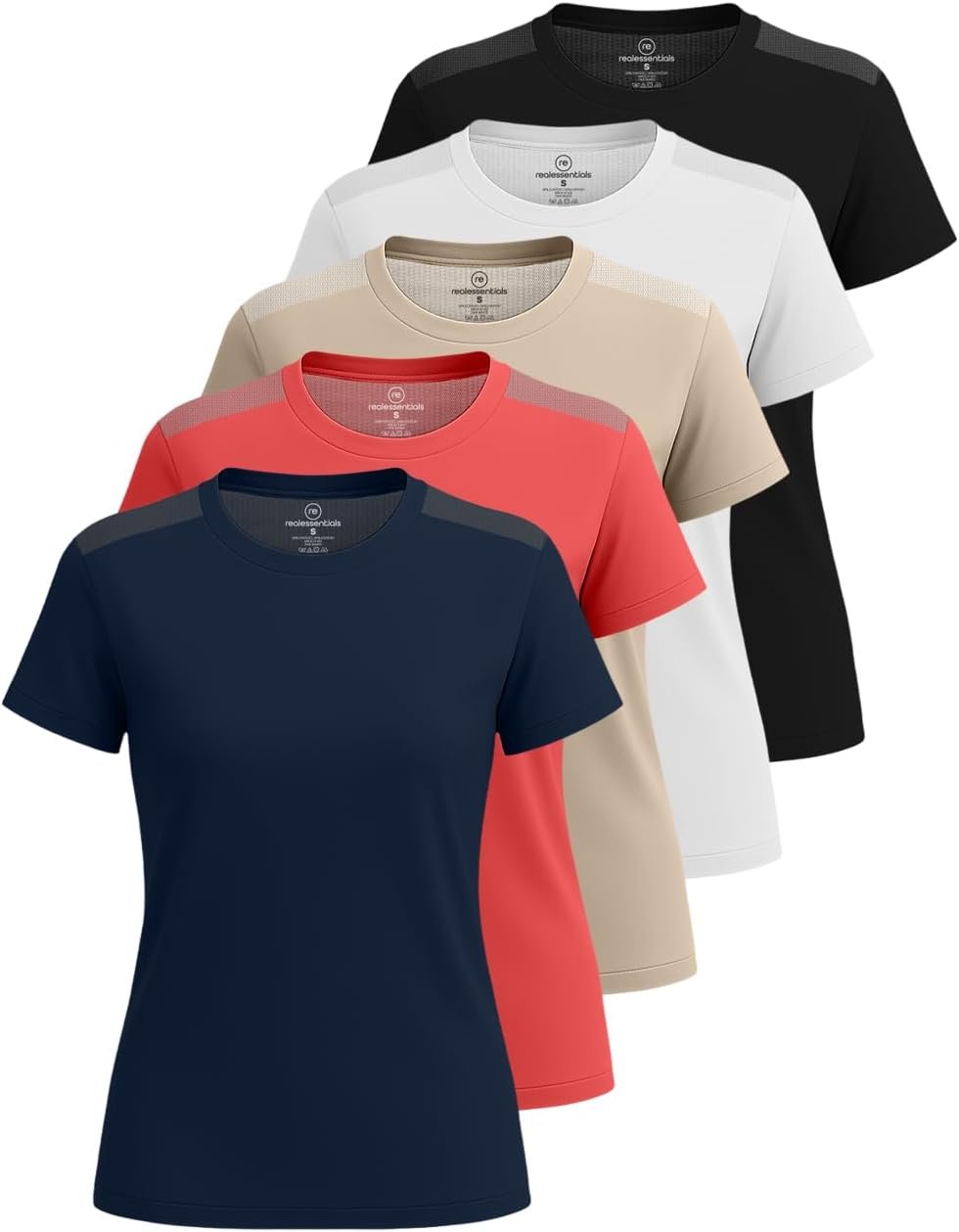 Real Essentials 5 Pack: Women's Short Sleeve Mesh Insert T-Shirts Athletic Tops Gym Workout Yoga Tennis Activewear (Plus)