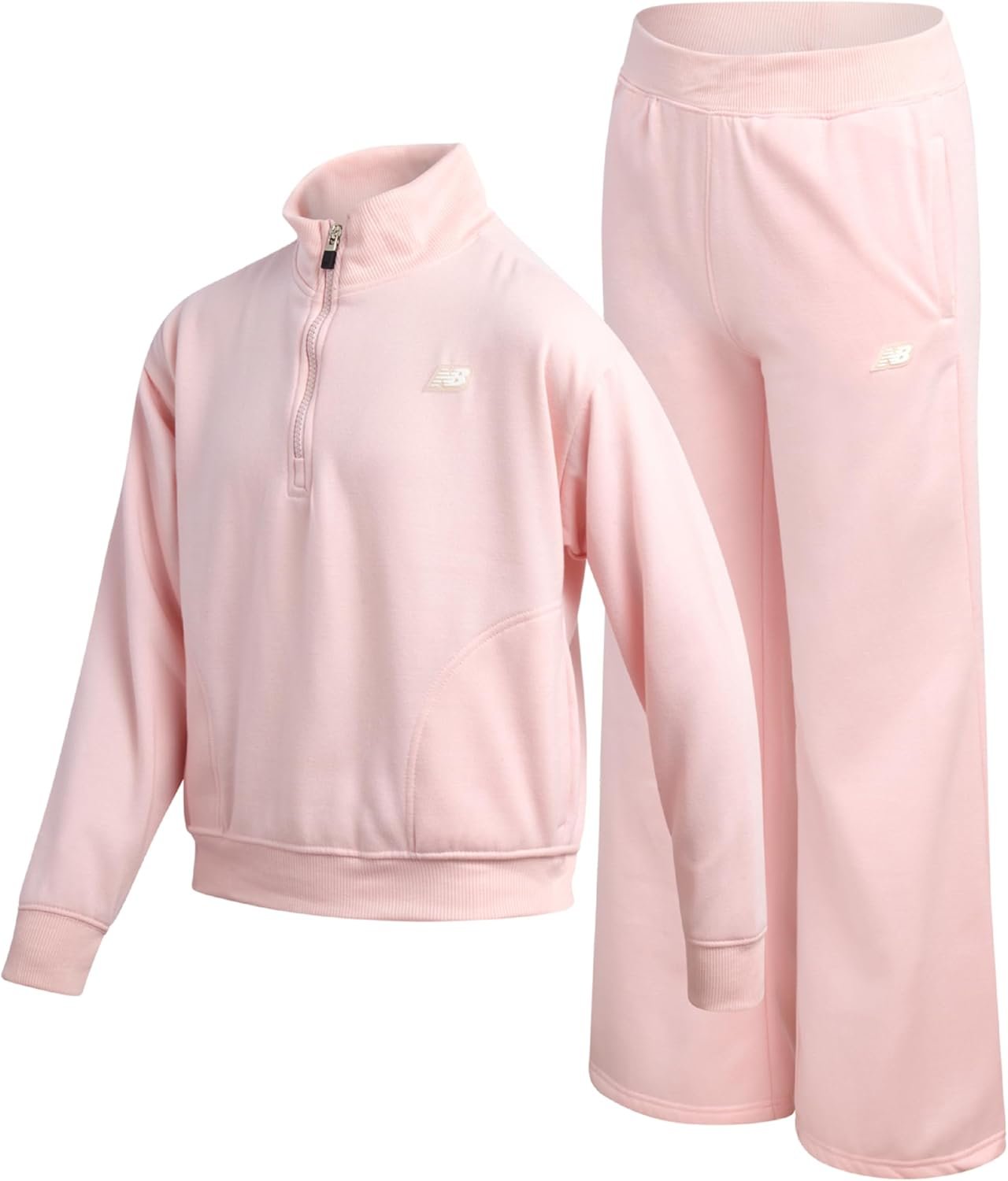 New Balance Active Girls Pants Set - 2 Piece Fleece Athletic Quarter Zip Pullover & Girls Wide Leg Pants with Pockets (7-12)