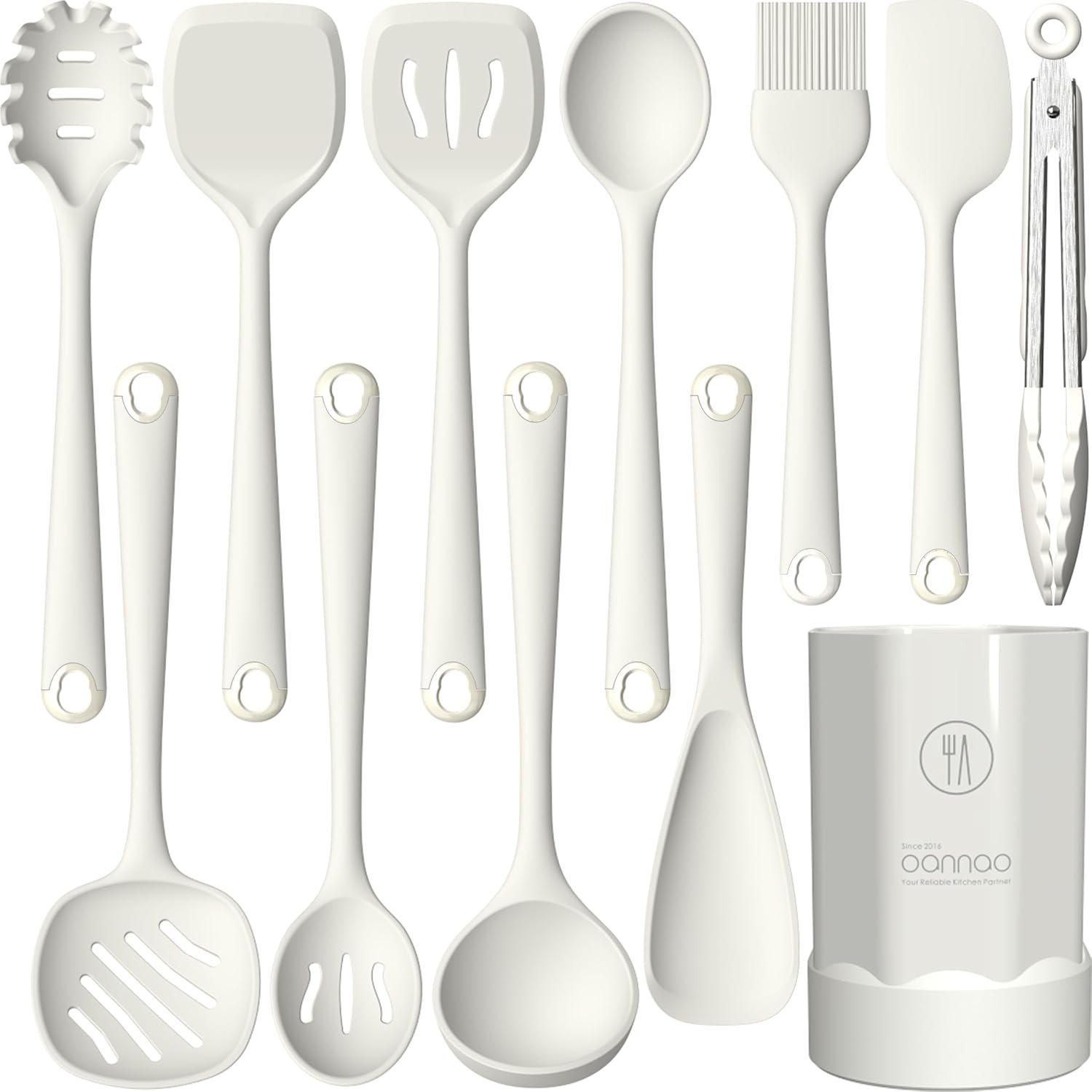 oannao Silicone Kitchen Utensils Set, 600°F Heat Resistant Silicone Cooking Utensils, Spatula, Spoon, Whisk, Tongs, Kitchen Gadgets for Nonstick Cookware, Dishwasher Safe BPA Free (Cream White)