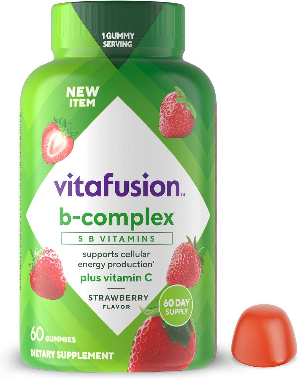 vitafusion B-Complex Gummy Dietary Supplements, with 5 B Vitamins to Support Cellular Energy Production (1), Plus Vitamin C, Strawberry Flavor, 60 Count