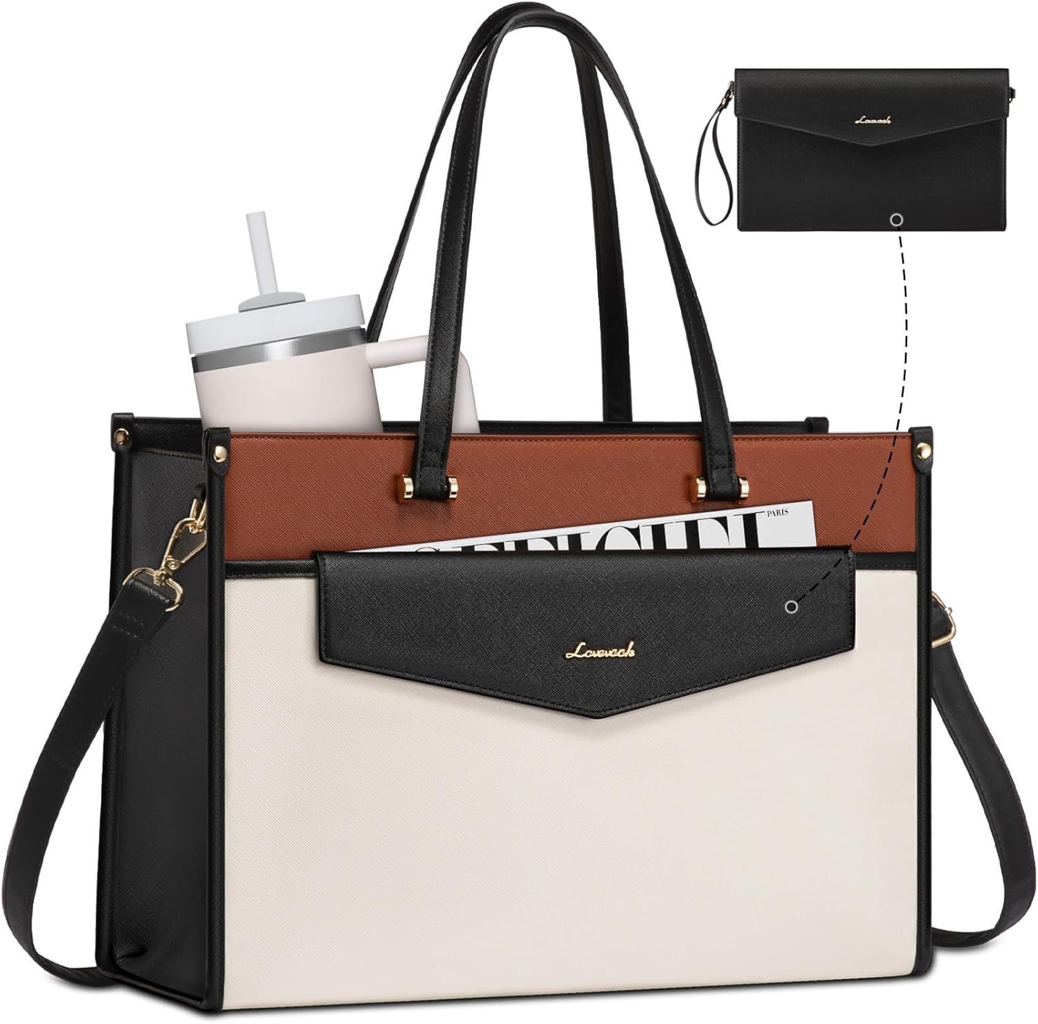 LOVEVOOK Laptop Bag for Women, 15.6'' Laptop Tote Purse 2-in-1 Professional Work Bag Business Briefcase with Clutch Purse, Waterproof Leather Computer Handbag for Teacher Office Travel