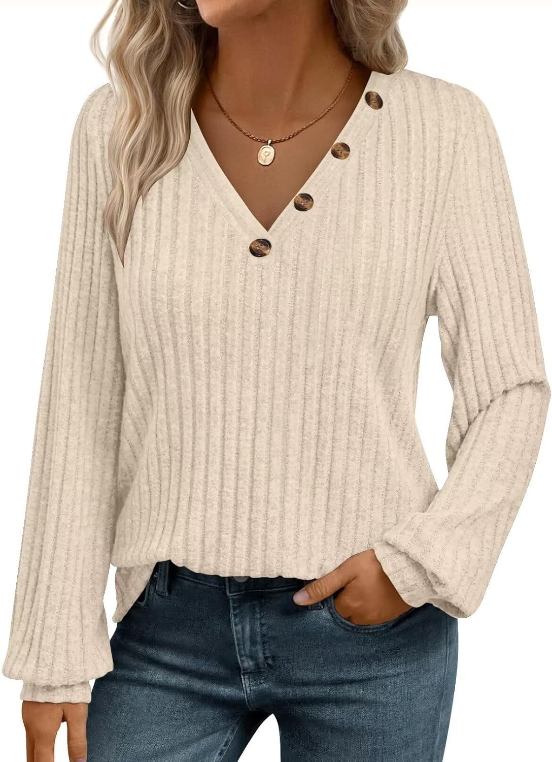 Bliwov Womens Long Sleeve Shirts Fall Fashion Outfits V Neck Button Tops Casual Loose Winter Sweaters Blouses Tunic Clothes