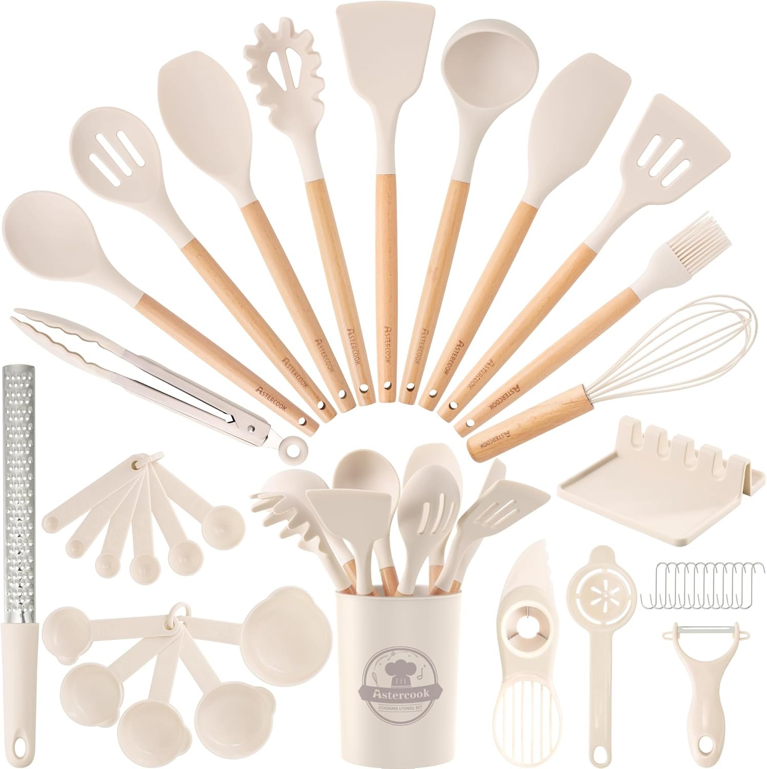 Astercook Kitchen Utensils set, 39 PCS Silicone Cooking Utensils Set with Wooden Handle, 446°F Heat Resistant Food Grade Utensil Sets, BPA Free Kitchen Gadgets Tools Set for Nonstick Cookware (Cream)