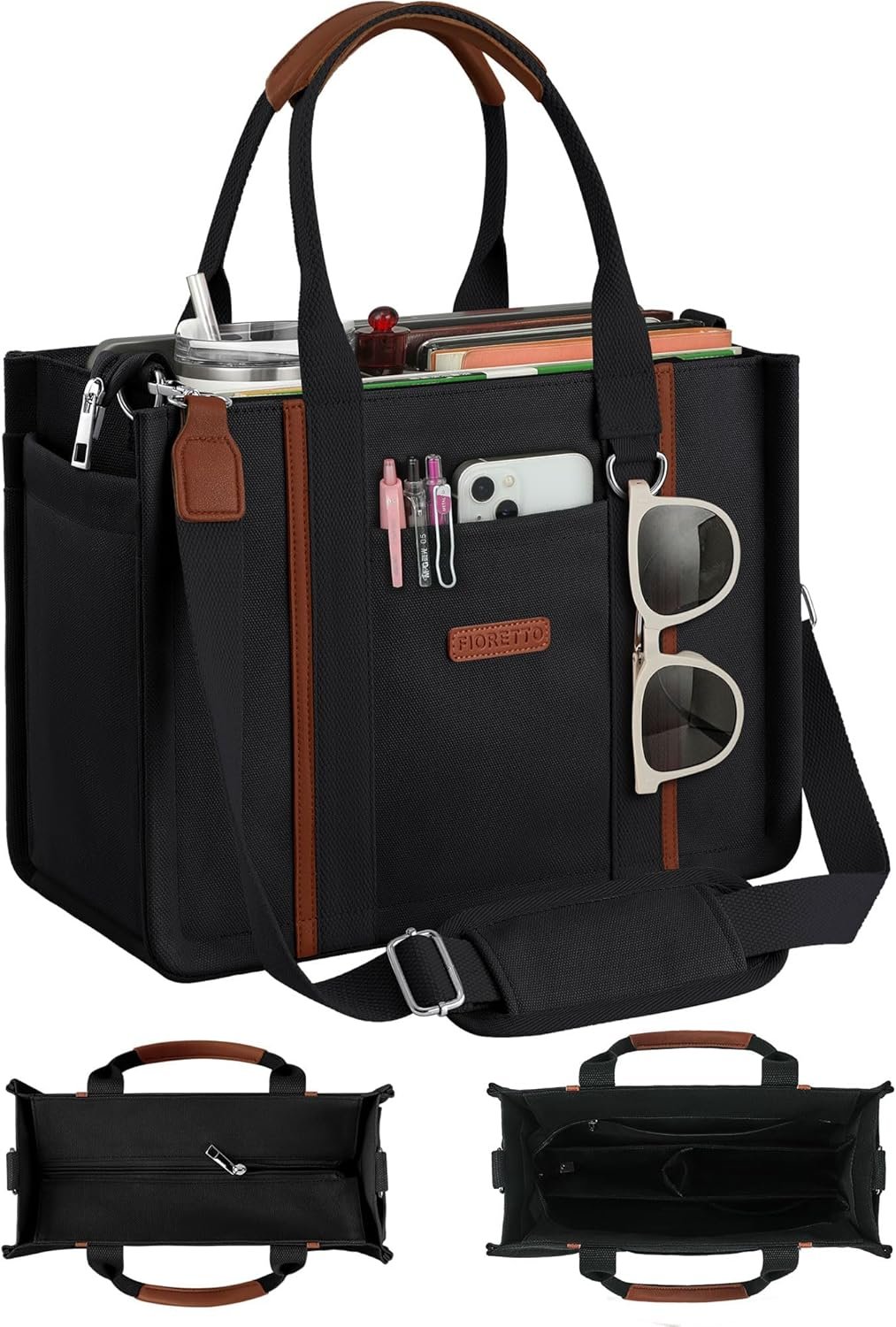 FIORETTO Women’s Canvas Tote Bag Purse with Zipper, Multi Compartment & Reinforced Bottom, Ideal for Work, Bible, Travel